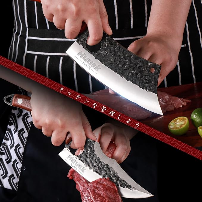 Huusk Kitchen Knife Set - Hand Forged Viking Chef Knives for Meat, Men Gift | Japanese High Carbon Steel Hand Forged, Butcher, Cleaver, Boning, Serbian Chef Knife, Rosewood Handle, for Home & Outdoor BBQ