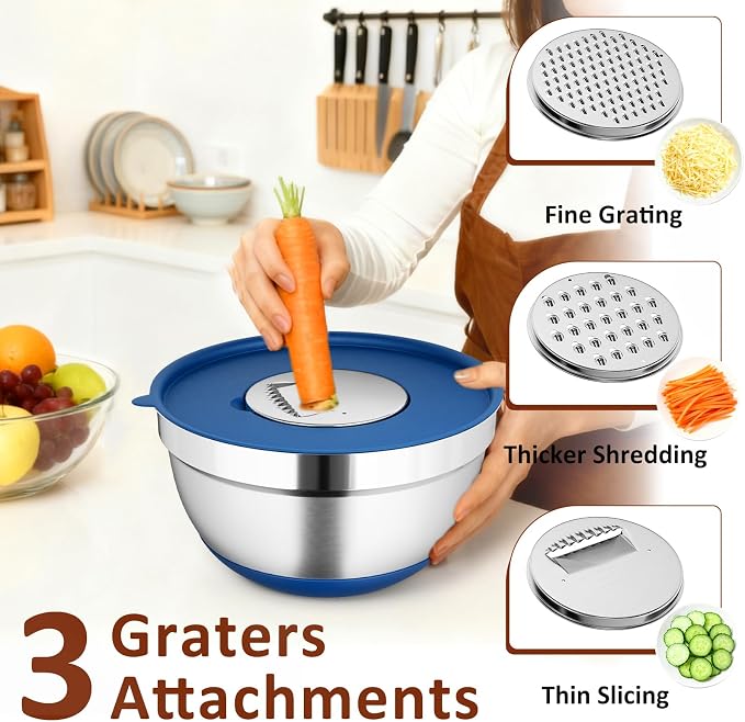 9 Pack Mixing Bowls with Airtight Lids & Grater Attachments, Blue | Stainless Steel Bowl, Non-slip Bases, Nesting Kitchen Bowl, Size 5, 4, 3, 2, 1.5,1QT,for Food Prep, Baking, Storage & Serving