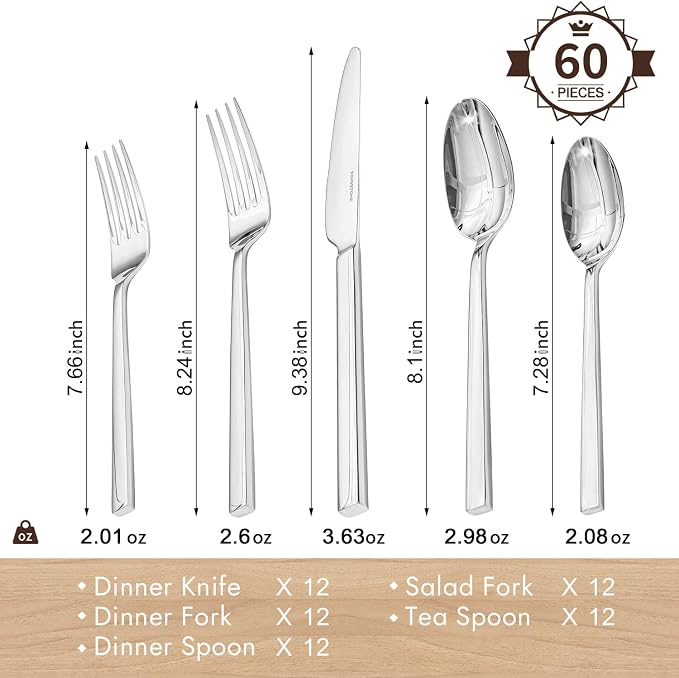 Silverware Set for 12, 60 Piece Flatware Set, Stainless Steel | Square Handles, Mirror Polished, Dishwasher Safe, Sturdy, for Home Kitchen, Weddings, Parties & Housewarming