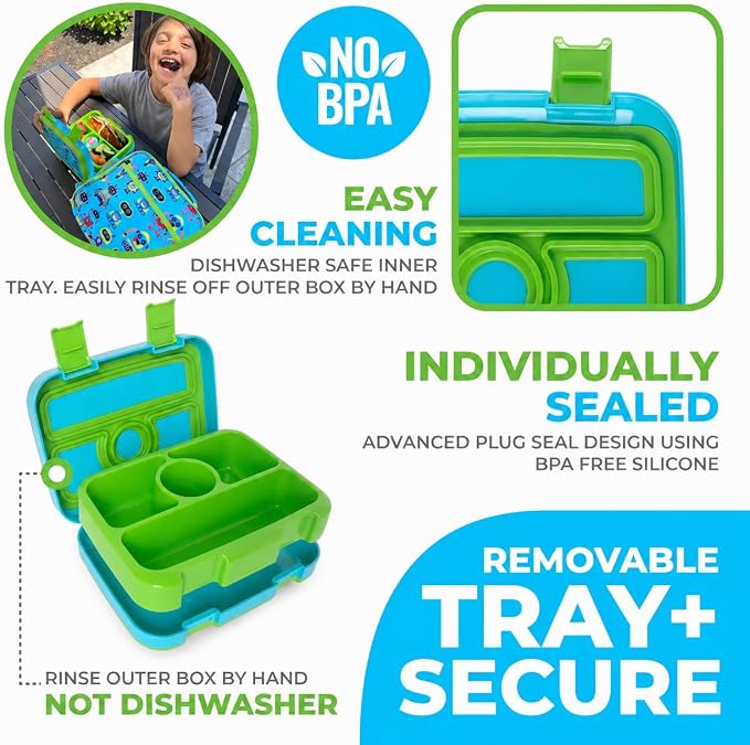 kinsho Bento Lunch Box for Kids Toddlers Boys, 4 Portion Sections Secure, BPA Free Removable Tray, Pre-School Kid Daycare Lunches Snack Container, Green Robot Ages 3 to 5