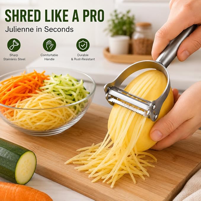 2-in-1 Julienne Vegetable Peeler, Stainless Steel Y Peeler with Dual Blades | Kitchen Peeler with Sharp Blades for Fruits & Vegetables, Ergonomic Handle, Durable and Easy to Clean