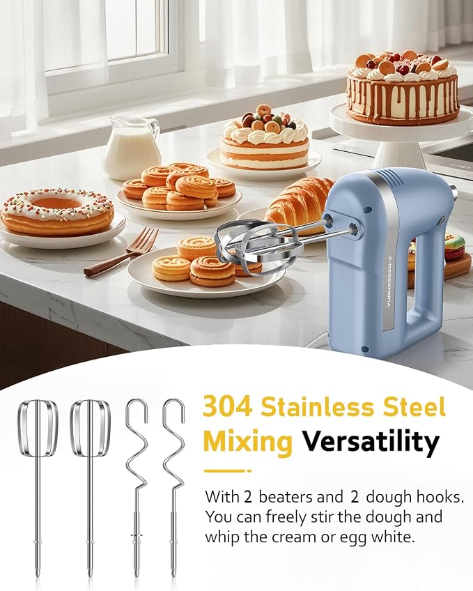 Electric Hand Mixer, Powerful Hand Mixer Electric Handheld with 304*(2*Beaters, 2*Dough Hooks),(1*Storage Bag) Hand Held Mixer with Turbo for Baking Cakes,Cream(Blue)