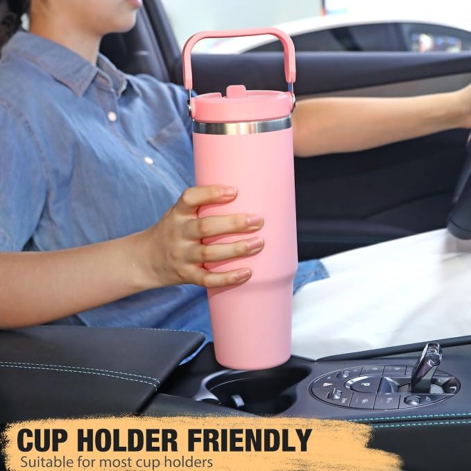 TaroKitc 30 oz Tumbler with Handle and Flip Straw, Triple-Wall Vacuum Insulated Water Bottle, Leakproof Reusable Travel Mug for Home, Outdoors, Fit in Car Cup Holder, Cold for 30 Hrs,Dark Green