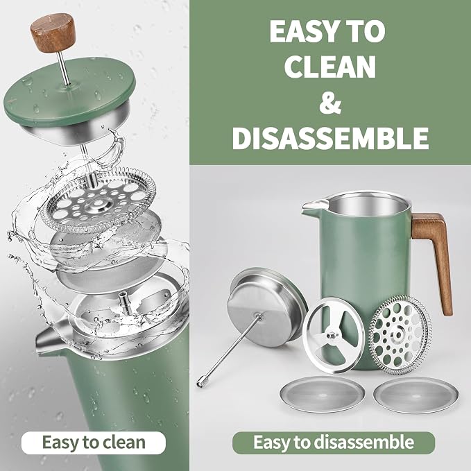 French Press Coffee Maker, 34oz Stainless Steel Green Coffee Press Real Wood Handle, Double Wall Insulated French Coffee Press with Dual-Filter Screen, Perfect for Camping & Kitchen Use
