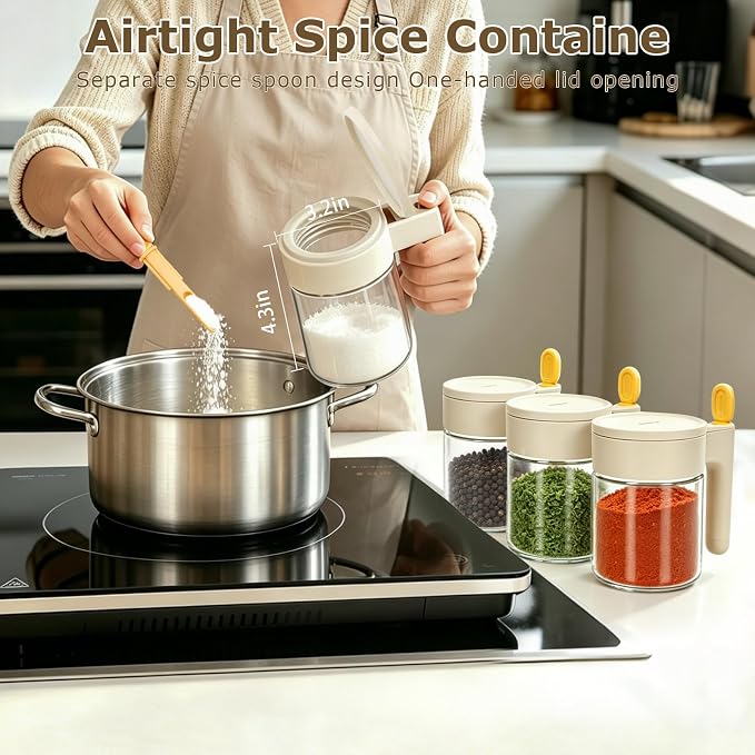 Spice Jars with Spoons,4-Pack 13.5OZ Glass Pantry Storage Containers | Seasoning Containers with Lids for Storage Dry Goods in Pantry & Cabinet, Glass Meal Prep Containers for Snacks Spice Sugar