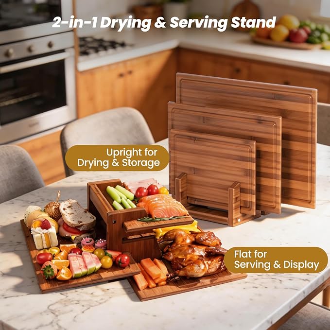 Bamboo Cutting Board for Kitchen, Double-Sided with Stand, Brown | 3-piece Chopping Board Set With Juice Grooves, Vertical Storage Rack, and Comfort Side Handles for Effortless Meal Prep