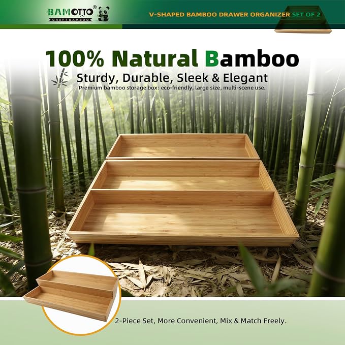 BAMOTTO CRAFTBAMBOO Long V-Shaped Bamboo Drawer Organizer Set of 2 | Silverware & Cutlery Tray | Flatware & Utensil | Kitchen & Bathroom | Narrow Fit | 19.6"×12.4" & 19.6"×7.8"