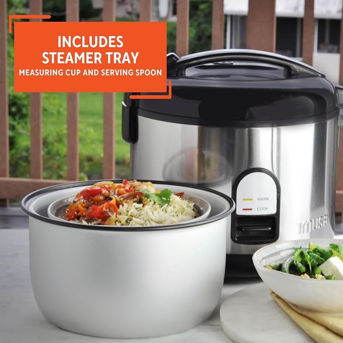 IMUSA 10 Cup Deluxe Stainless Steel Electric Rice Cooker with Steam Tray | Mirror-Polished Finish, Steam Tray Nonstick Pot, Ideal for Rice and Grains, Great for Large Family Dinners