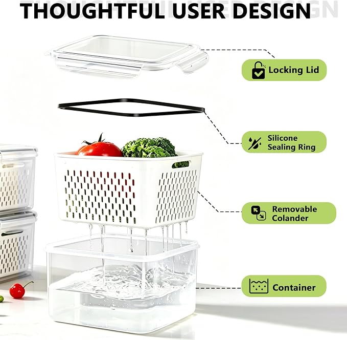 5 Pack Fruit Storage Containers for Fridge,Produce Container for Fridge with Removable Colanders,Leakproof Refrigerator Organizers and Storage for Produce Berry Vegetable Salad Meat Food Keep Fresh