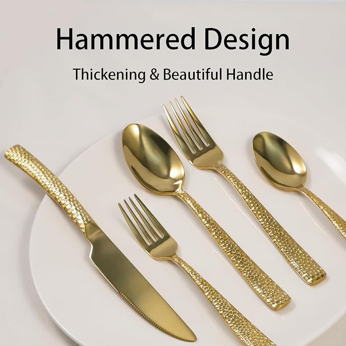 Gold Hammered Silverware Set, 20 Piece Stainless Steel Flatware Set for 4, Food-Grade Tableware Cutlery Set for Home Restaurant, Mirror Polished, Dishwasher Safe