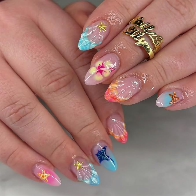 30Pcs Medium Almond Press On Nails Summer Beach Fake Nails with Hibiscus Flower, 3D Starfish & Seashell Wave Design French Tip Glue On Nails Cute Ocean False Nails for Women Vacation Party Manicure