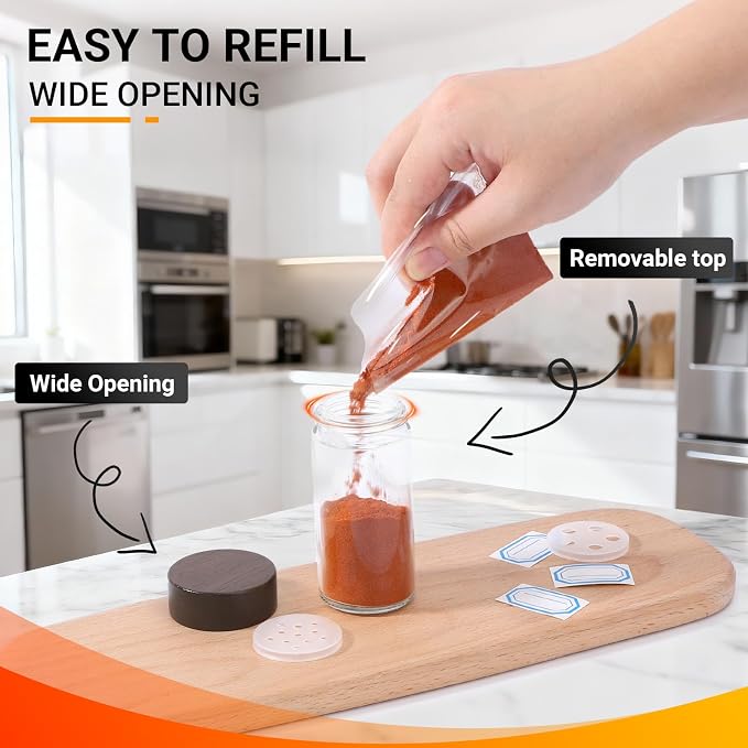 Segarty 3oz Spice Jar with Wood Lids, 6 Pack 90ml Glass Round Condiment Jars with Lids, Clear Empty Seasoning Containers Cereal Containers Storage Set, Small Spices Bottles with 7 Stickers, 1 Brush