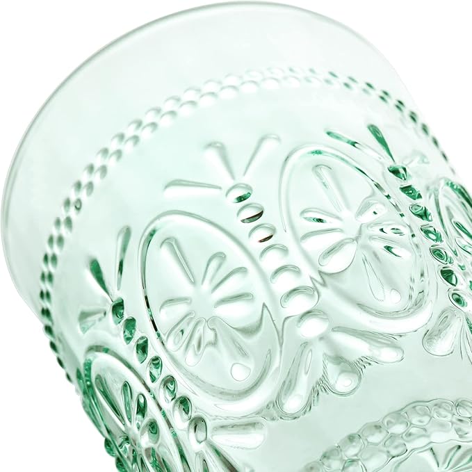 Colored Vintage Drinking Glasses Set of 4, 15.5 oz Romantic Embossed Water Glasses, Colored Tumblers Tempered Glass for Juice, Beverages, Beer, Cocktail (Green)