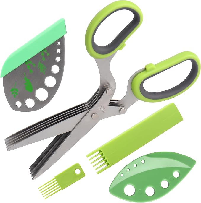 LUVCOSY Herb Scissors, Premium Stainless Steel 5 Blade Kitchen Salad Scissors Dishwasher Safe, Sharp and Convenient 5 Blade with Safety Cover, Herb Stripping Tool and Cleaning Comb