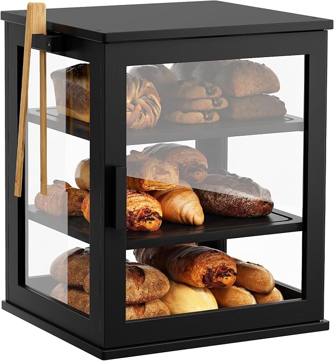 WOWLIVE Bread Box for Kitchen Countertop, 3 Layers Bread Storage Container | Large Bamboo Bread Bin for Homemade Bread with Window, Farmhouse Breadbox Organizer for Kitchen, Cabinet, Black, Extra Large
