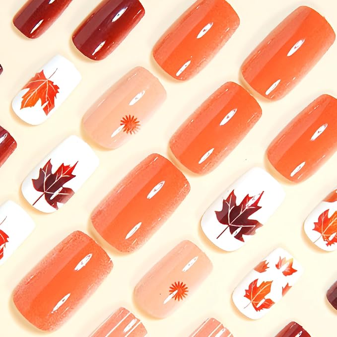 Fall Press on Nails Medium Square Fake Nails with Maple Leaves Designs Nails Press ons Brown False Nails Reusable Stick on Nails for Women 24 Pcs