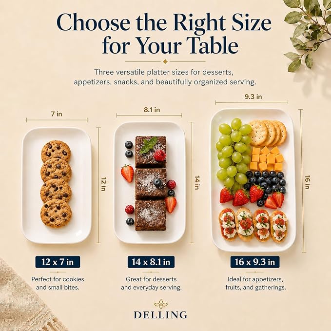 DELLING Large Serving Platter Set of 3, 16/14/12 Inch Porcelain Serving Trays for Party - White Ceramic Rectangular Platters for Entertaining, Appetizer Fruit Tray for Gethering Shower Dinner
