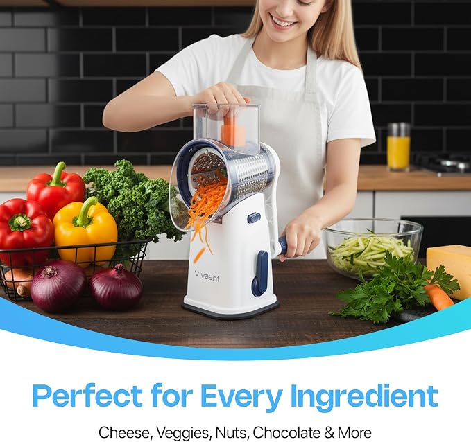 Rotary Cheese Grater Hand Crank, 5 Blade Shredder with Suction Base | Suction Base Locks to Counter, Stainless Blades, Hand Held Cheese Grinder with Handle for Veggies, Nuts & Hard Cheese