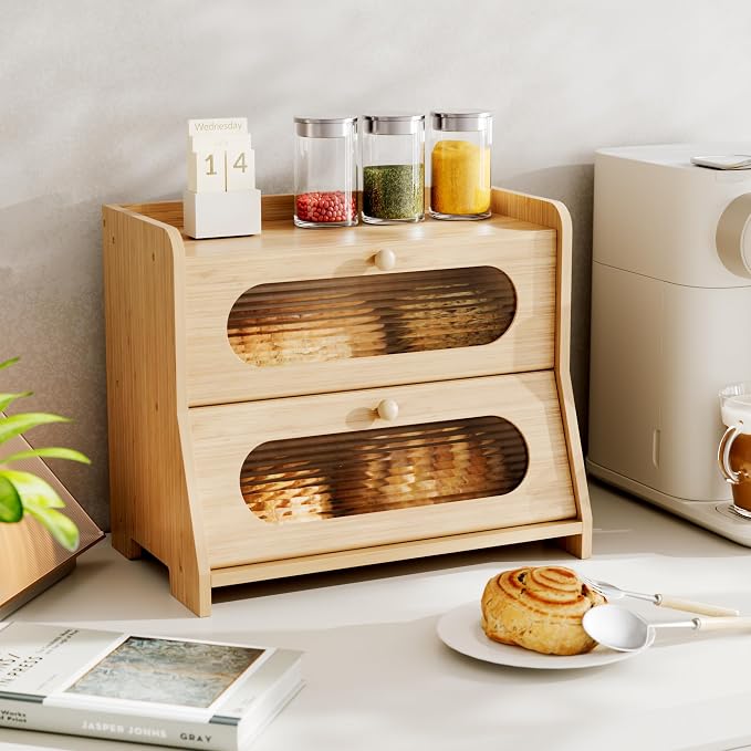 Bread Box,Extra Large 2-Tier Bamboo Bread Box for Kitchen Countertop,Bread Storage Container with Magnetic Acrylic Door for Homemade Bread,Under Cabinet,Pantry Organizer(Natural)