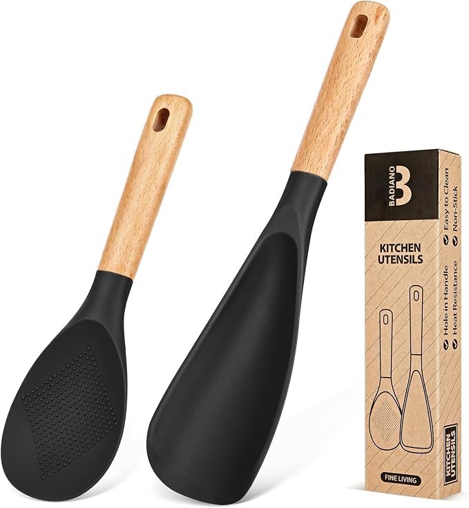 Cooking Spoon and Rice Scooper for Nonstick Cookware,Multi-function | Great for Cooking and Serving, Sturdy BPA-Free Matte Silicone, Wood Handle Spoon for Mixing, Scoop, and Scrape,9.3"+14.3"