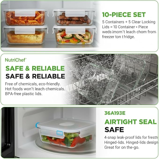 NutriChef 5-Piece 30 oz Reusable Glass Meal Prep Containers - Stackable Kitchen Storage Containers for Food, 4-Side Locking Plastic Lids w/Vent Hole - Easy to Clean, Dishwasher Safe (Flat)