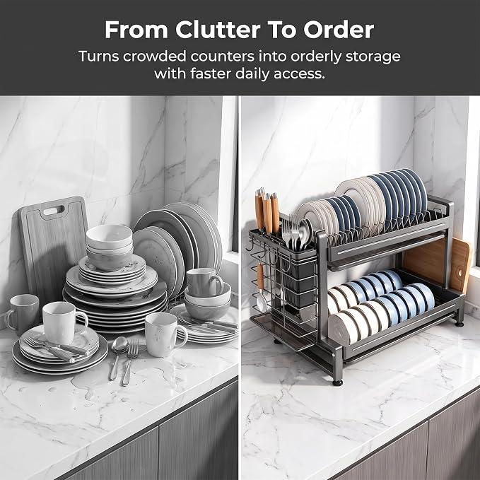 Dish Drying Rack for Kitchen Counter, Sink Storage Essentials, Home and Apartment Decor, Gray, 2-Tier Carbon Steel, Including Knife Holder, Utensil Holder, Cutting Board Stand