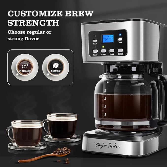 Taylor Swoden 12-Cup Programmable Coffee Maker, Black & Stainless Steel | Regular & Strong Brew Drip Coffee Machine for Home and Office, 24H Timer, Glass Carafe, Pause & Serve, Auto Shut Off