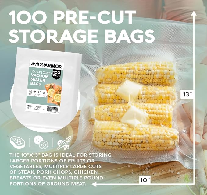 Avid Armor Food Vacuum Sealer Bags – 100-Pack, 10x13” Quart + Freezer Bags | Clear Food Storage Bags with Deep Embossed Airtight Suction – Heat Resistant, Non-BPA Meal Prep Bags with Easy Tear Notch
