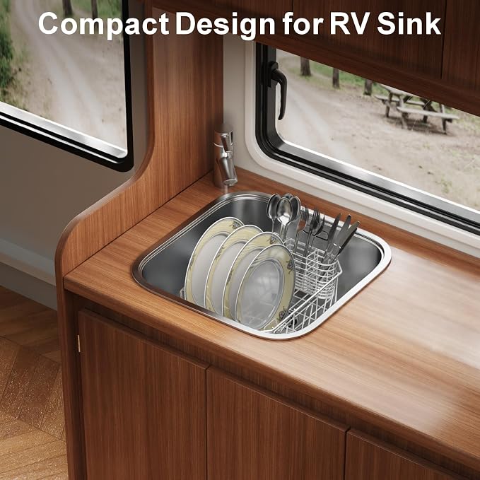 Mini in Sink Dish Drying Rack - Stainless Steel for RV Kitchen | Small Design for Apartments, Angled Corners Fit Square & Round Sinks, Utensil Holder, Cup Hooks, 9.5" W x 13.4" L