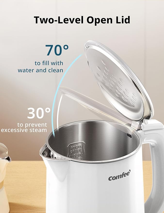 COMFEE' Stainless Steel Double Wall Electric Kettle 1.5L, White
