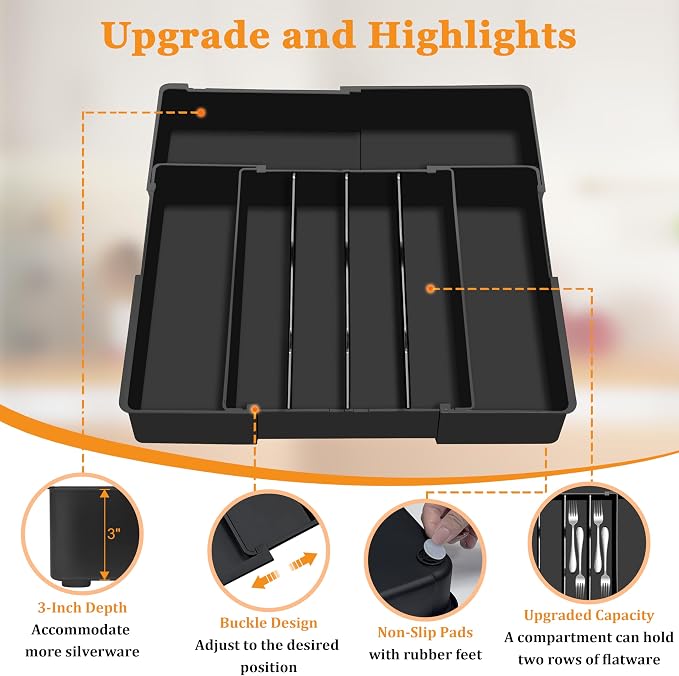 Silverware Organizer - Expandable Kitchen Drawer Organizer, 3" High Utensil Holder, BPA Free Flatware and Cutlery Tray for Spoons Forks Knives, Plastic Kitchen Organizer and Storage, Black