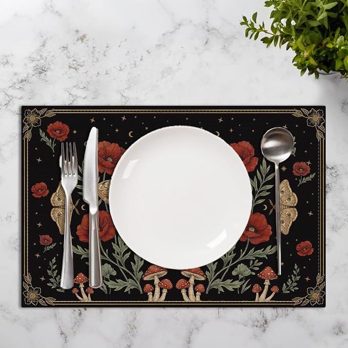 Black Poppy Moth Moon Placemats Set of 4, Floral Spring Table Mats | Outdoor Home Party Kitchen Dining Decor, Washable Non-Slip Heat Resistant Place Mats, Gothic Gifts for Women Mom Friend