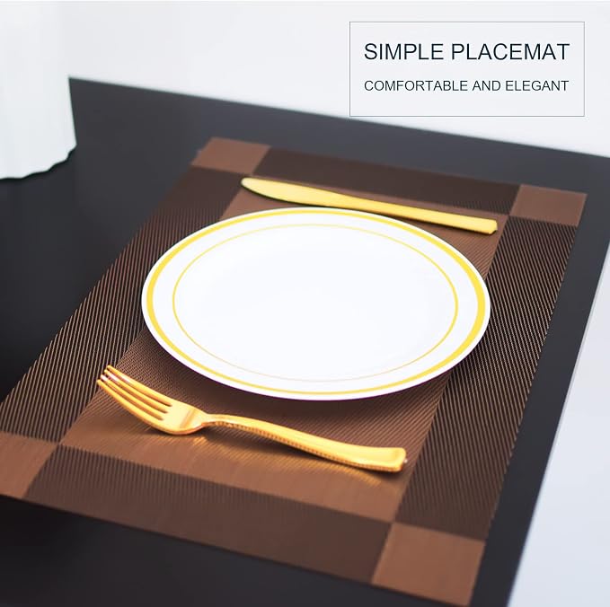 Placemats,Table Place Mats for Kitchen Dining, Heat-Resistant Anti-Skid Stain Washable PVC Table Mats, Easy to Cleaning Woven Vinyl Dinner Mats (Brown, 6 Pack)