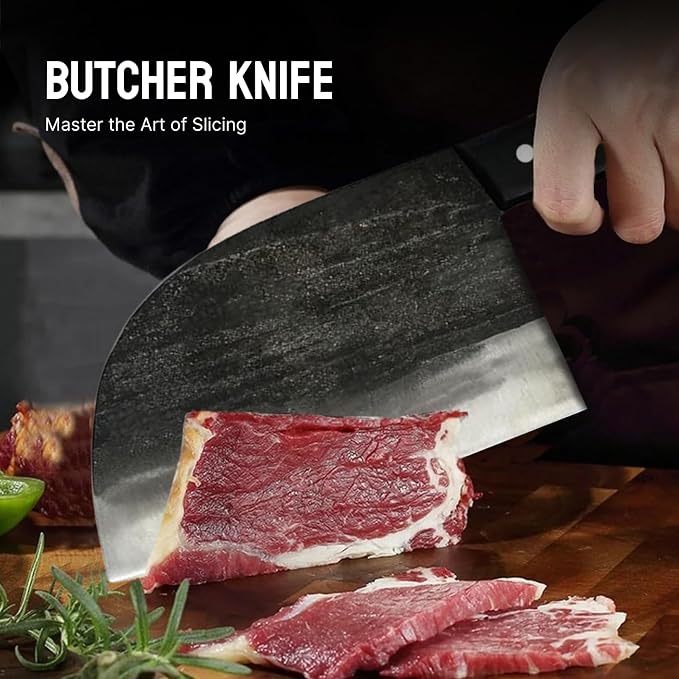 Serbian Chef Knife - 6.7 Inch Hand-Forged High Carbon Steel Full Tang Butcher Knife with Wood Handle - Razor Sharp Cooking Knife - Leather Sheath Included