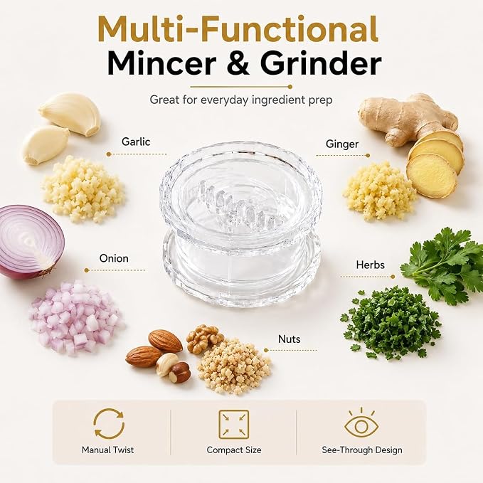 4 Pack Garlic Presses Clear, Manual Garlic Twister Masher - Plastic Garlic Grinder and Mincer Tool Dishwasher Safe & Easy to Clean Rotary Chopper for Garlic, Chili, Onion and Nuts, Compact