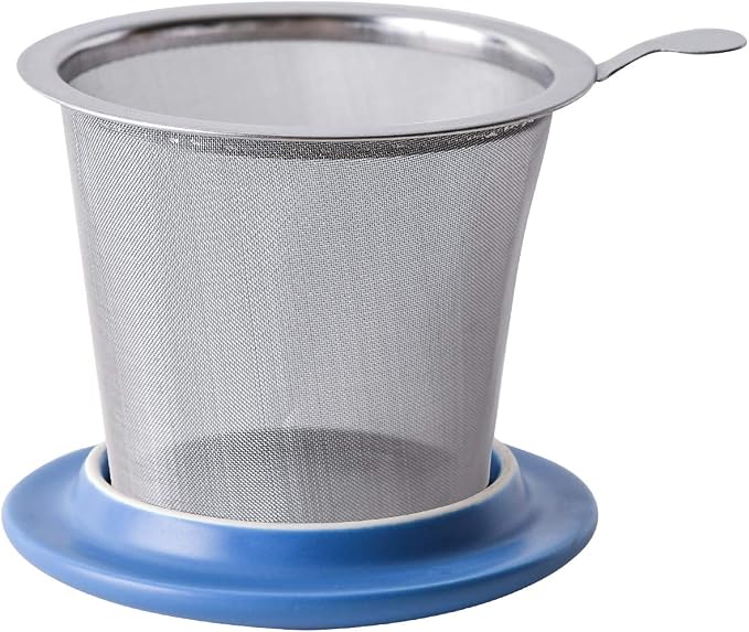 Yundu 12 OZ Matte Blue Ceramics Teacup with Infuser and Lid, Mug with Lid for Steeping - Stainless Steel Infuser for Loose Leaf Tea, Home Office Gift for Tea Lovers