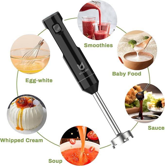 UTALENT Cordless Hand Blender with Chopper for Smoothies, Baby Food & Soups | Variable speed immersion blender, Brushless Motor, USB-C rechargeable, Long-lasting, 500ml chopper, 600ml vessel, Egg whisk