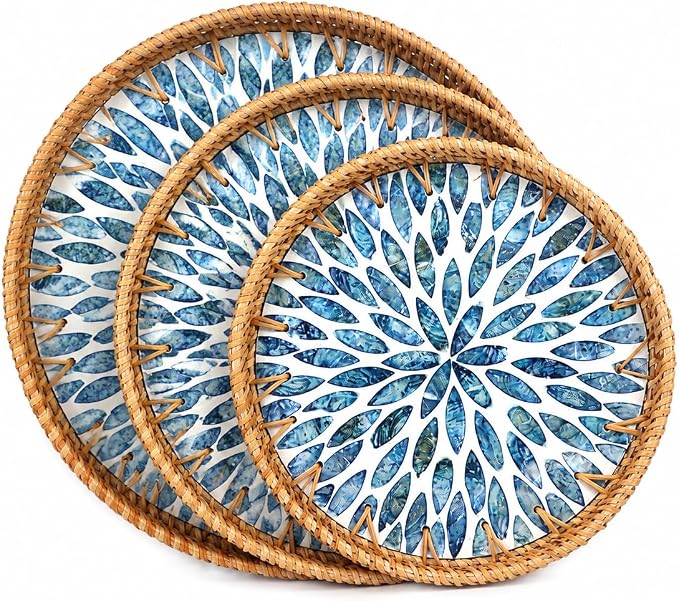 Round Rattan Serving Trays with Mother of Pearl Inlay, Set of 3, Blue | Coffee Table Trays, Decorative Wicker Trays, Bread and Fruit Display, Ottoman Tray Set, Leaf Pattern