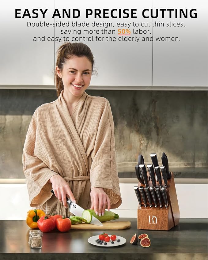 KnifeSaga Knife Set, 15 Pcs Kitchen Knife Block Set, Enduring Razor-Sharp High Carbon Stainless Steel Chef Knife Set with Block and Sharpener, Premium Knives Set for Kitchen, Ash Wood Valentine's Gift