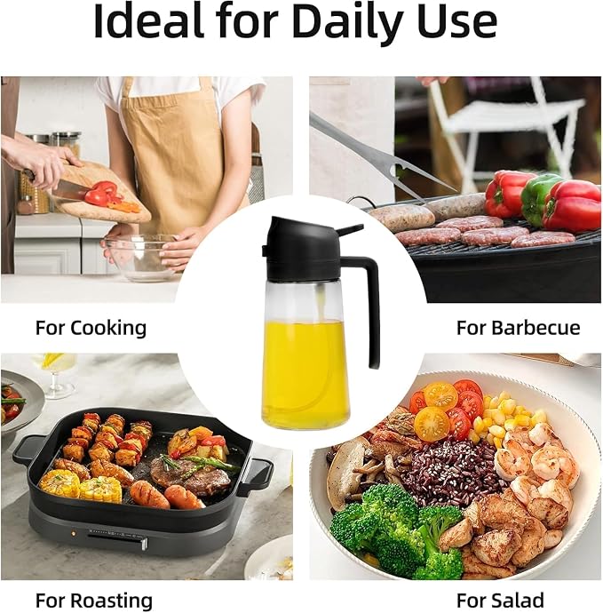 Aovdy Oil Sprayer for Cooking 16oz, 2 in 1 Olive Oil Dispenser and Oil Sprayer - 470ml Olive Bottle Spray and Pour - Glass Oil Dispenser for Kitchen Cooking Salad BBQ (2Pcs - White&Black)