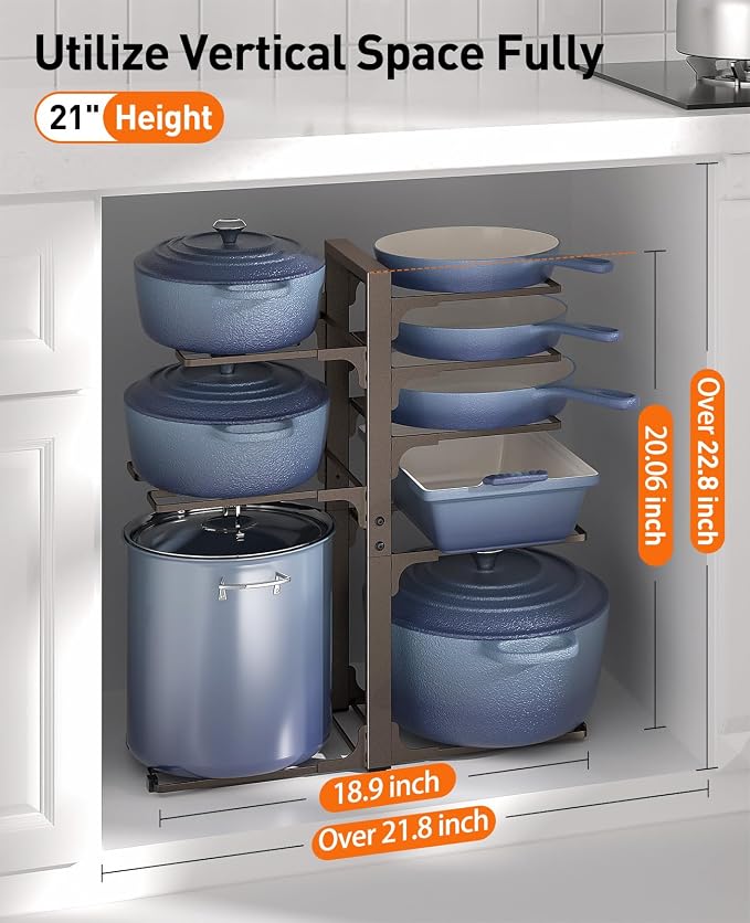 Pots and Pans Organizer Under Cabinet 20.8" 8-Tier Adjustable Bronze | 2 DIY Modes, Tool-Free Assembly, Max 120 Lbs, Fits Large Stockpots, Cast Iron Pans & Heavy Cookware, For Kitchen Cabinets
