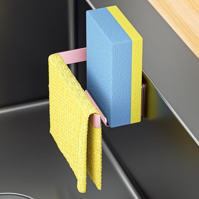 Sponge Holder for Kitchen Sink, Adhesive Dishcloth Holder, Dish Sponge Kitchen Sink Caddy 2 In 1, Metal Dishcloth Racks Sink for Dishcloths, Sponges, Brushes and Glove (Rose Gold)