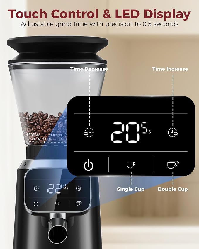 Tuni G2 Conical Burr Coffee Grinder with 70 Precise Grind Settings, Black | Espresso Grinder with Anti-Static Design, Adjustable Electronic Timer & LED Touchscreen, For Drip Cold Brew French Press