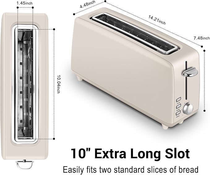 SEEDEEM Stainless Steel Toaster 2 Slice Slim, 10" Single Long Slot, Oatmilk | 6 Shade Settings, Extra Wide Slot Fits Bagels & Artisan Bread, Defrost, Cancel Function, Removable Crumb Tray