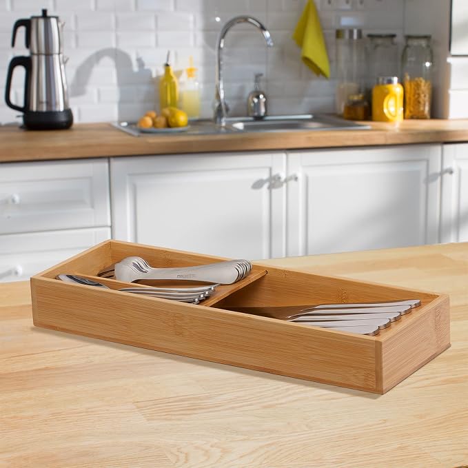 guiogc Bamboo Silverware Drawer Organizer, Kitchen Cutlery Tray,Utensil Holder for Spoons, Forks, Knives in Kitchen
