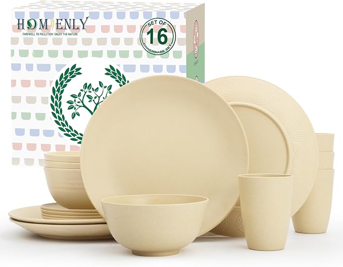 Premium Wheat Straw Dinnerware Sets, Lightweight & Unbreakable Plates and Bowls Sets,Cups,Service for 4,Dishwasher and Microwave Safe 16 PCS Dish Sets for Home，Camping- Beige