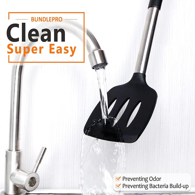 Silicone Cooking Utensils Set, 8 Pcs Kitchen Utensils with Holder, Black | BPA Free and Heat Resistant, Kitchen Tools for Non Stick Cookware include Spatulas, Turners, Spoons, Skimmer and Pasta Fork