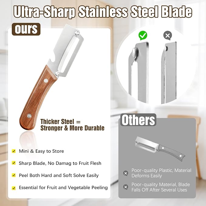 2-Pack Vegetable Peeler with Bottle Opener, Heavy-Duty Thick Stainless Steel Blade, Durable Kitchen Peeler with Wooden Handle for Potatoes, Carrots & Fruits