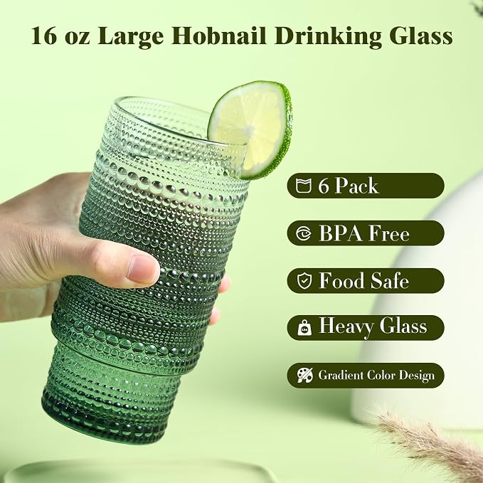 Large Capacity 16 oz Hobnail Drinking Glasses Set of 6, Vintage Glassware Drinking Glasses, Gradual Dark Green Water Glasses Tumbler, Cups for Kitchen, Juice, Beer, Cocktail, Whiskey