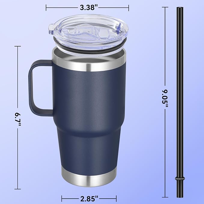 20 oz Stainless Steel Tumbler with Handle Bulk Metal Insulated Tumblers Travel Coffee Mug with Handle Double Wall Tumbler Cup with Lid and Straw, Navy 12 Pack
